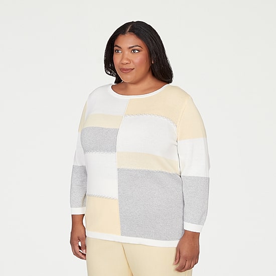 Alfred Dunner Plus Al Fresco Womens Crew Neck 3/4 Sleeve Pullover Sweater