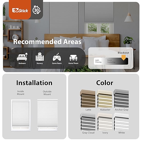 Eco Estates Ez Stick No Tool 1.5" Cut-To-Width Cordless 100% Blackout Cellular Shade