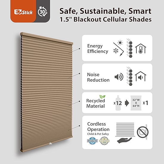 Eco Estates Ez Stick No Tool 1.5" Cut-To-Width Cordless 100% Blackout Cellular Shade