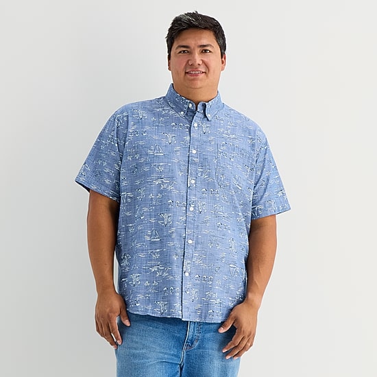 St. John's Bay Chambray Mens Short Sleeve Classic Fit Big and Tall Button-Down Shirt