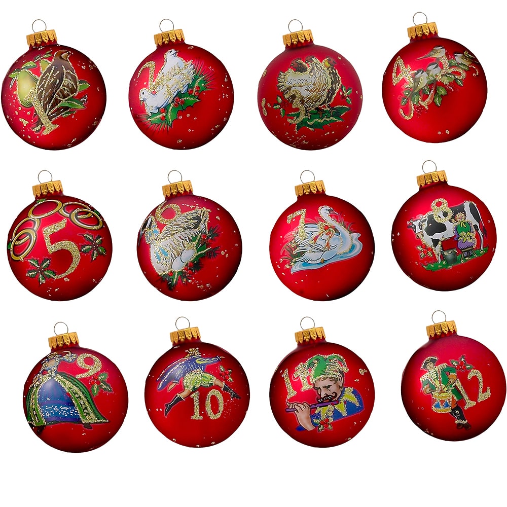 Kurt Adler 65MM Twelve Days Of Christmas Decorative Glass Ball Ornaments, 12-Piece Box Set