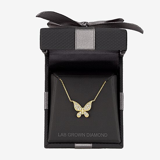 (G-H / Si2-I1) Womens 1/6 CT. T.W. Lab Grown White Diamond 10K Gold Butterfly 18 Inch Pendant Necklace