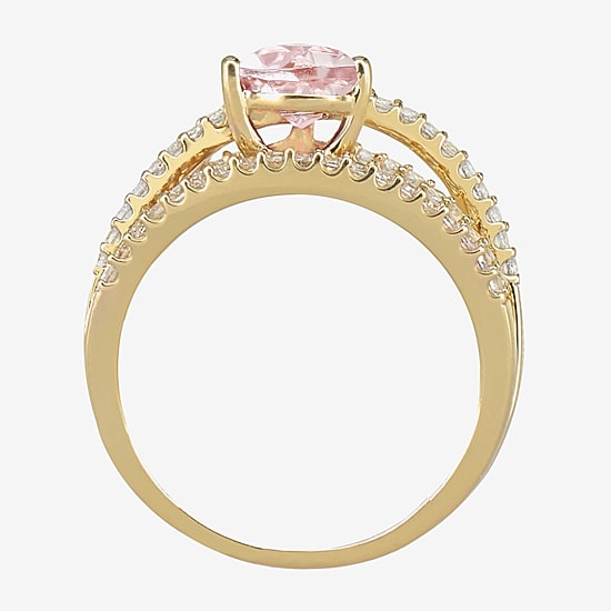 Womens Lab Created Pink Sapphire 14K Gold Over Silver Heart Crossover Side Stone Cocktail Ring