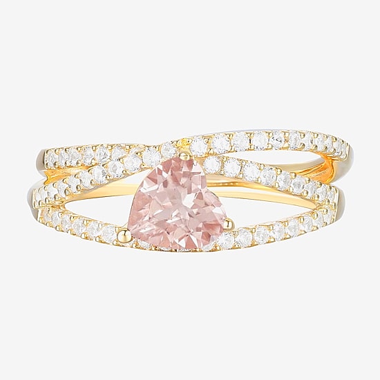 Womens Lab Created Pink Sapphire 14K Gold Over Silver Heart Crossover Side Stone Cocktail Ring