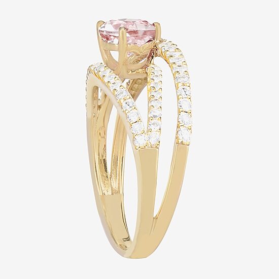 Womens Lab Created Pink Sapphire 14K Gold Over Silver Heart Crossover Side Stone Cocktail Ring