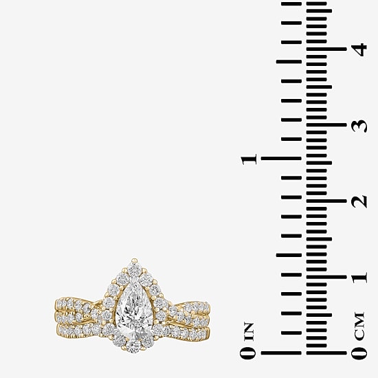 Signature By Modern Bride (G-H / Si1-Si2) Womens 1 1/3 CT. T.W. Lab Grown White Diamond 10K Gold Pear Side Stone Halo Bridal Set