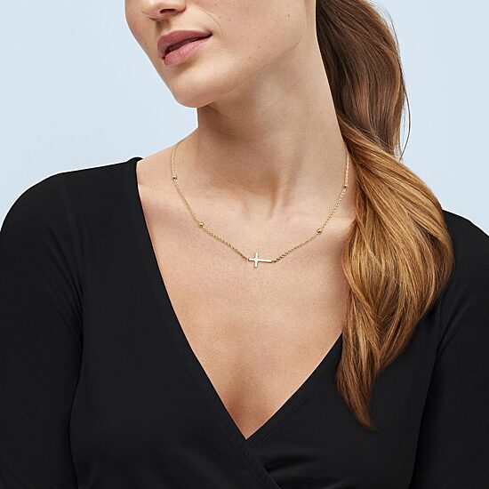 Sideways Womens 10K Gold Cross 18 Inch Pendant Necklace
