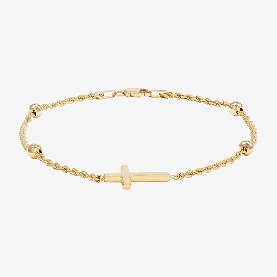 Womens 10K Gold Hollow Cross 7.5 Inch Link Bracelet