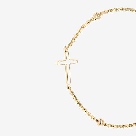 Womens 10K Gold Hollow Cross 7.5 Inch Link Bracelet