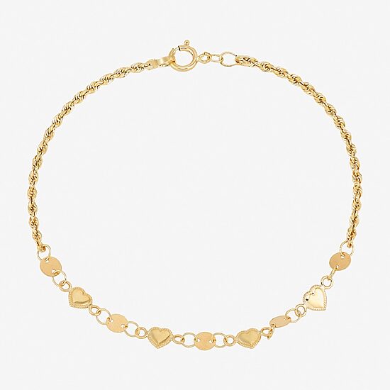 Womens 14K Gold Hollow Heart 7 Inch Link Bracelet