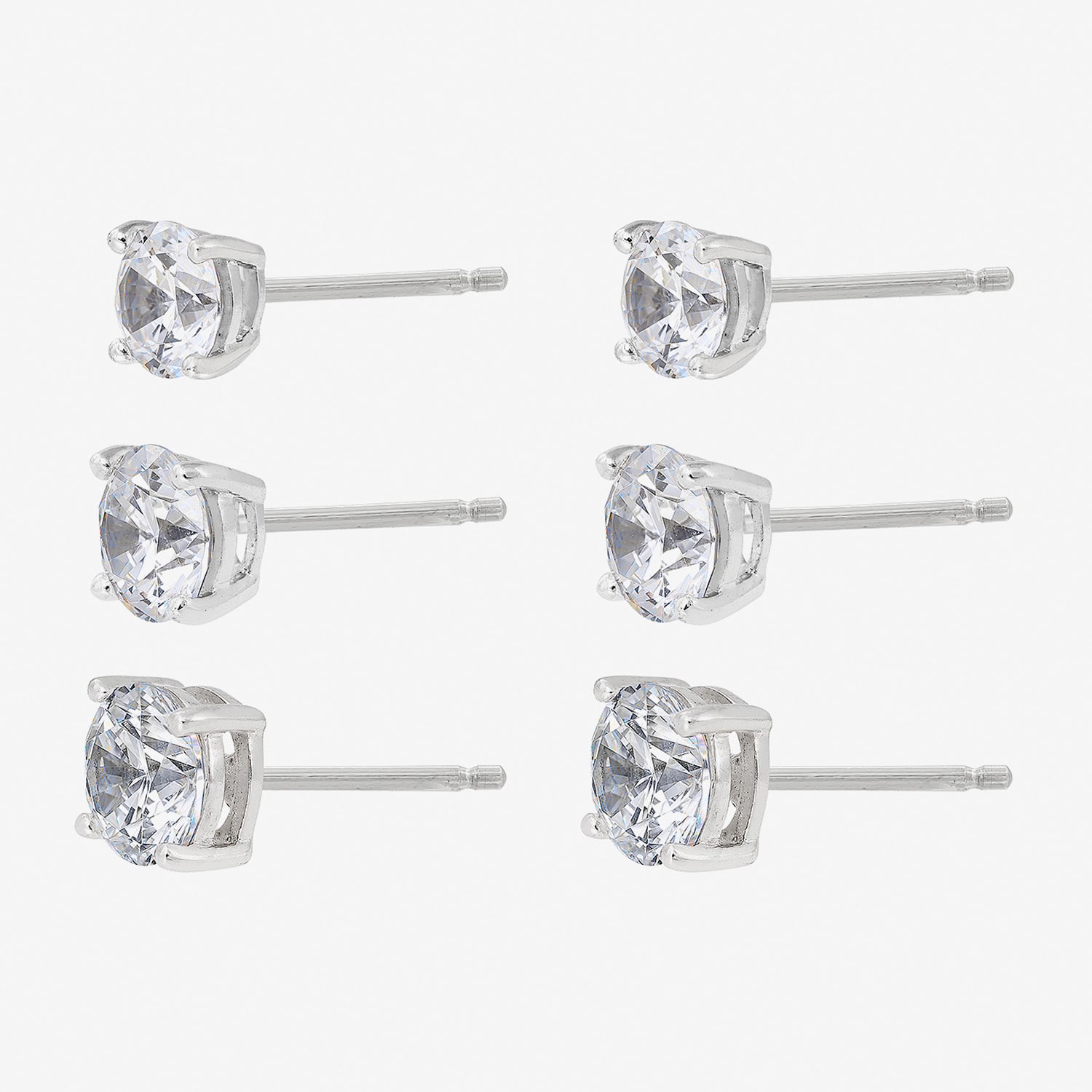 Diamonart Womens Cubic Zirconia Sterling Silver Round 3 Pair Earring Set