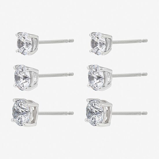 Diamonart Womens Cubic Zirconia Sterling Silver Round 3 Pair Earring Set