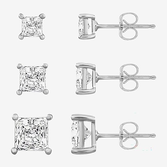 Diamonart Womens Cubic Zirconia Sterling Silver Square 3 Pair Earring Set