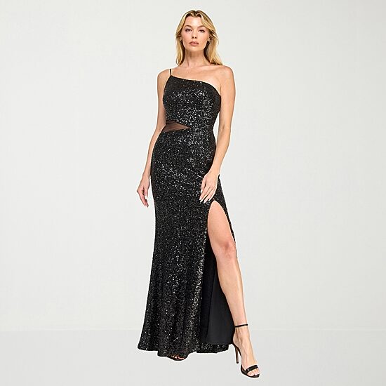 Trixxi Womens Juniors Asymmetrical Neck Sleeveless CUTOUTS Sequin Bodycon Dress