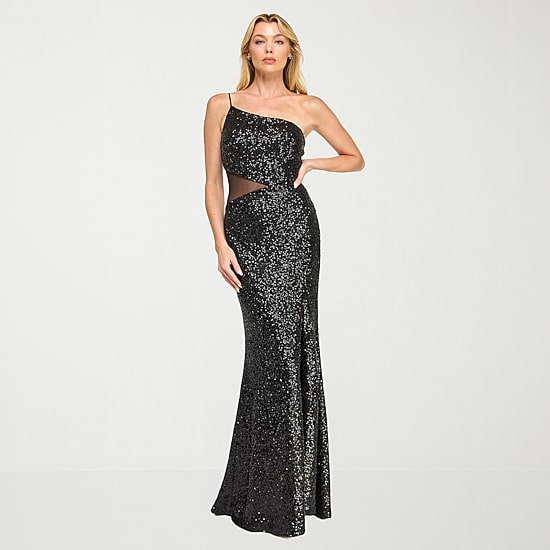 Trixxi Womens Juniors Asymmetrical Neck Sleeveless CUTOUTS Sequin Bodycon Dress