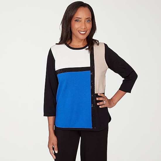 Alfred Dunner Barcelona Womens Crew Neck 3/4 Sleeve Pullover Sweater