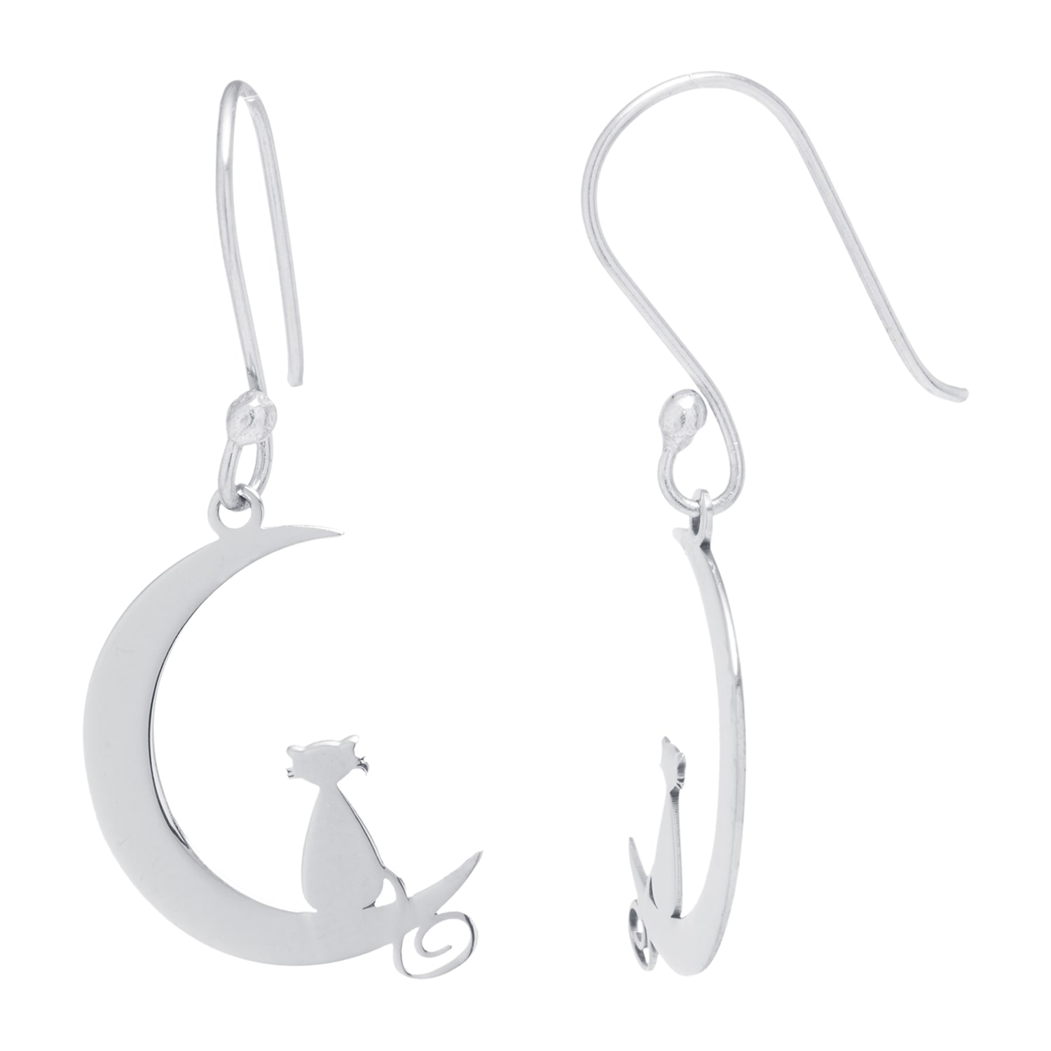 Silver Treasures Cat Womens Sterling Silver Moon Drop Earrings