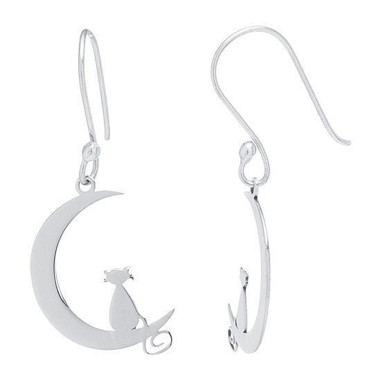 Silver Treasures Cat Womens Sterling Silver Moon Drop Earrings