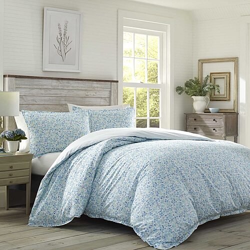Laura Ashley Jaynie Stonewashed Cotton 3-Pc. Duvet Cover Set, King - Blue