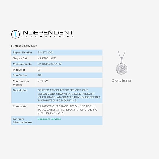 (G / Si2) Womens 2 CT. T.W. Lab Grown White Diamond 14K Gold Round 18 Inch Pendant Necklace