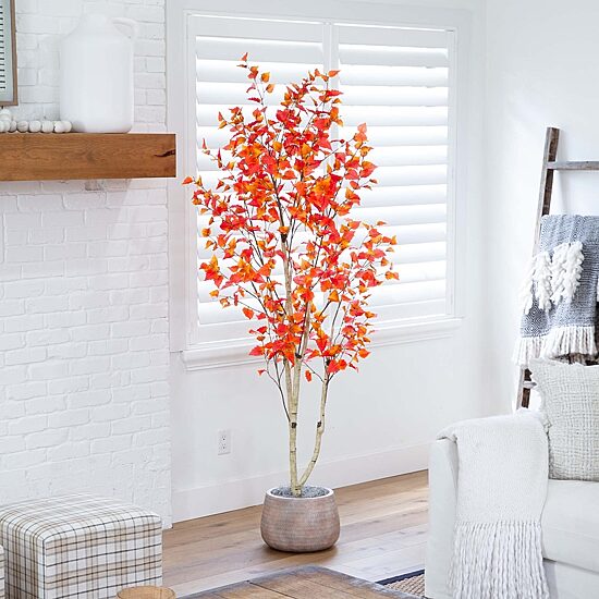 Nearly Natural 7' Orange Autumn Birch Indoor Artificial Tree