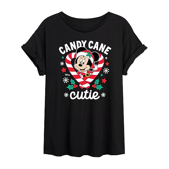 Disney Candy Cane Cutie Tee Womens Juniors Crew Neck Short Sleeve Regular Fit Minnie Mouse Graphic T-Shirt
