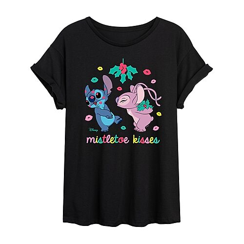 NOVELTY T-SHIRTS Misletoe Kisses Womens Juniors Crew Neck Short Sleeve Regular Fit Lilo & Stitch Graphic T-Shirt, Large, Black