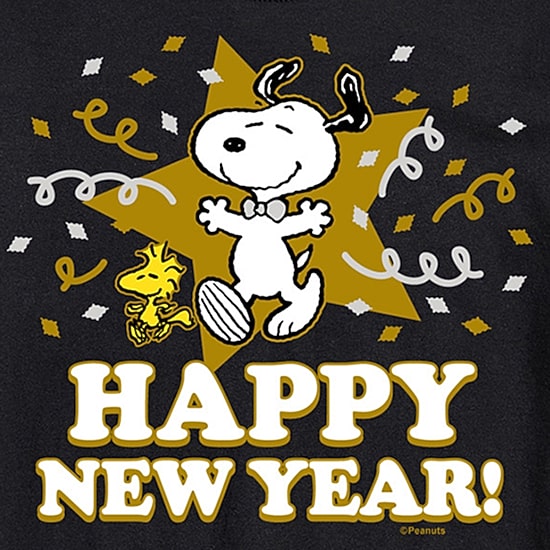 Snoopy Happy New Year Womens Juniors Crew Neck Short Sleeve Regular Fit Peanuts Graphic T-Shirt