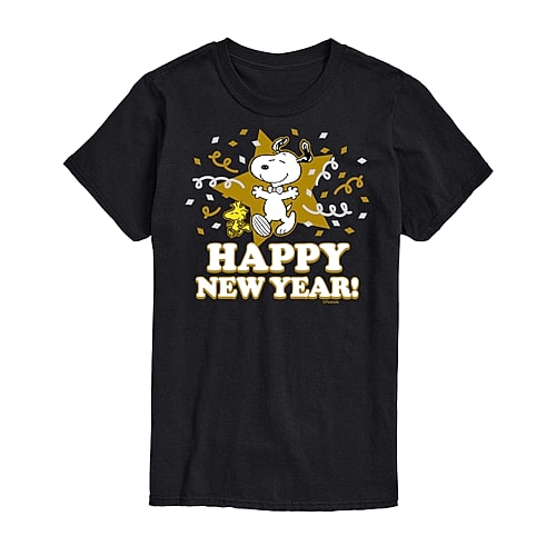 Snoopy Happy New Year Womens Juniors Crew Neck Short Sleeve Regular Fit Peanuts Graphic T-Shirt, X-large, Black