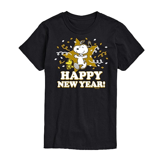 Snoopy Happy New Year Womens Juniors Crew Neck Short Sleeve Regular Fit Peanuts Graphic T-Shirt