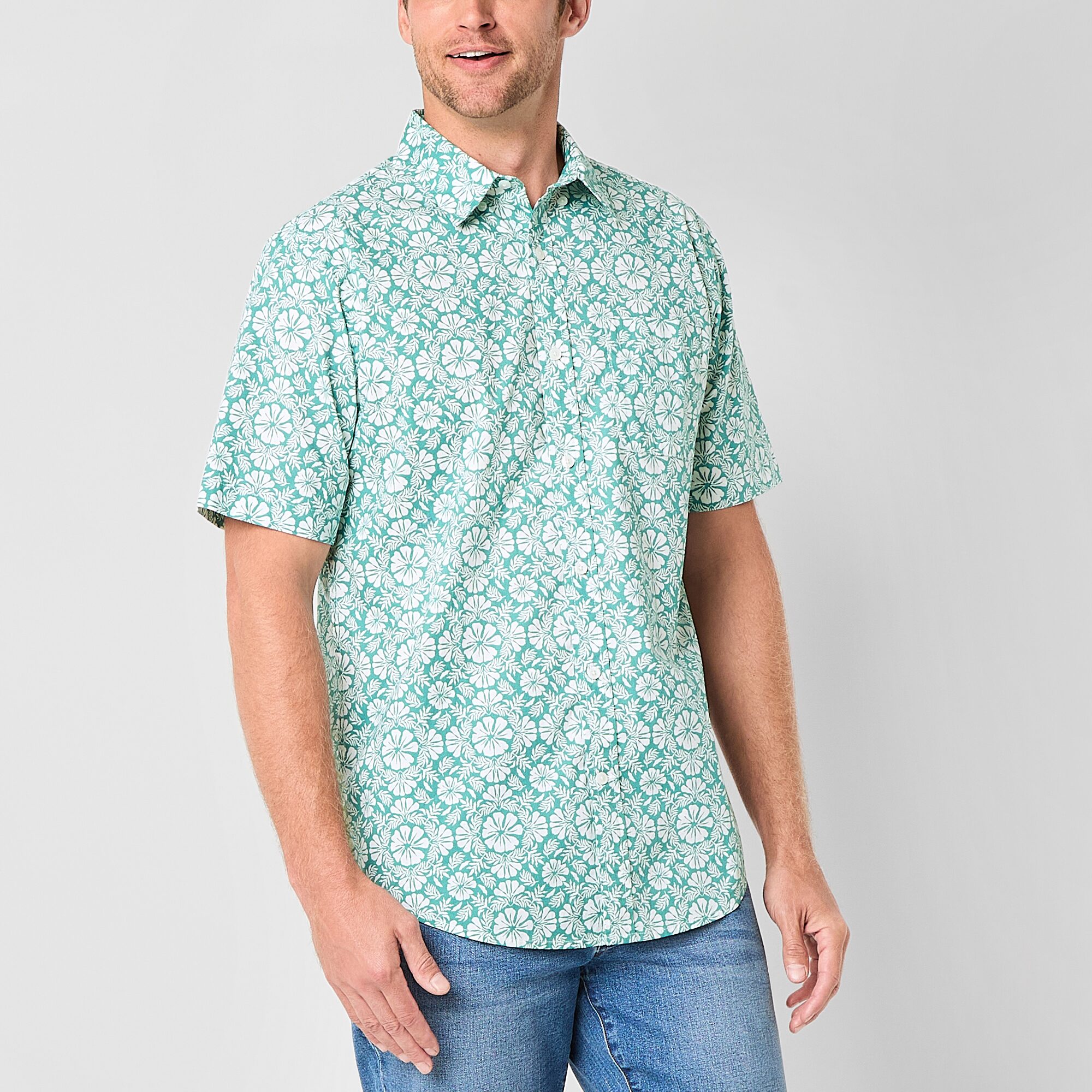 St. John's Bay Stretch Poplin Mens Short Sleeve Classic Fit Button-Down Shirt
