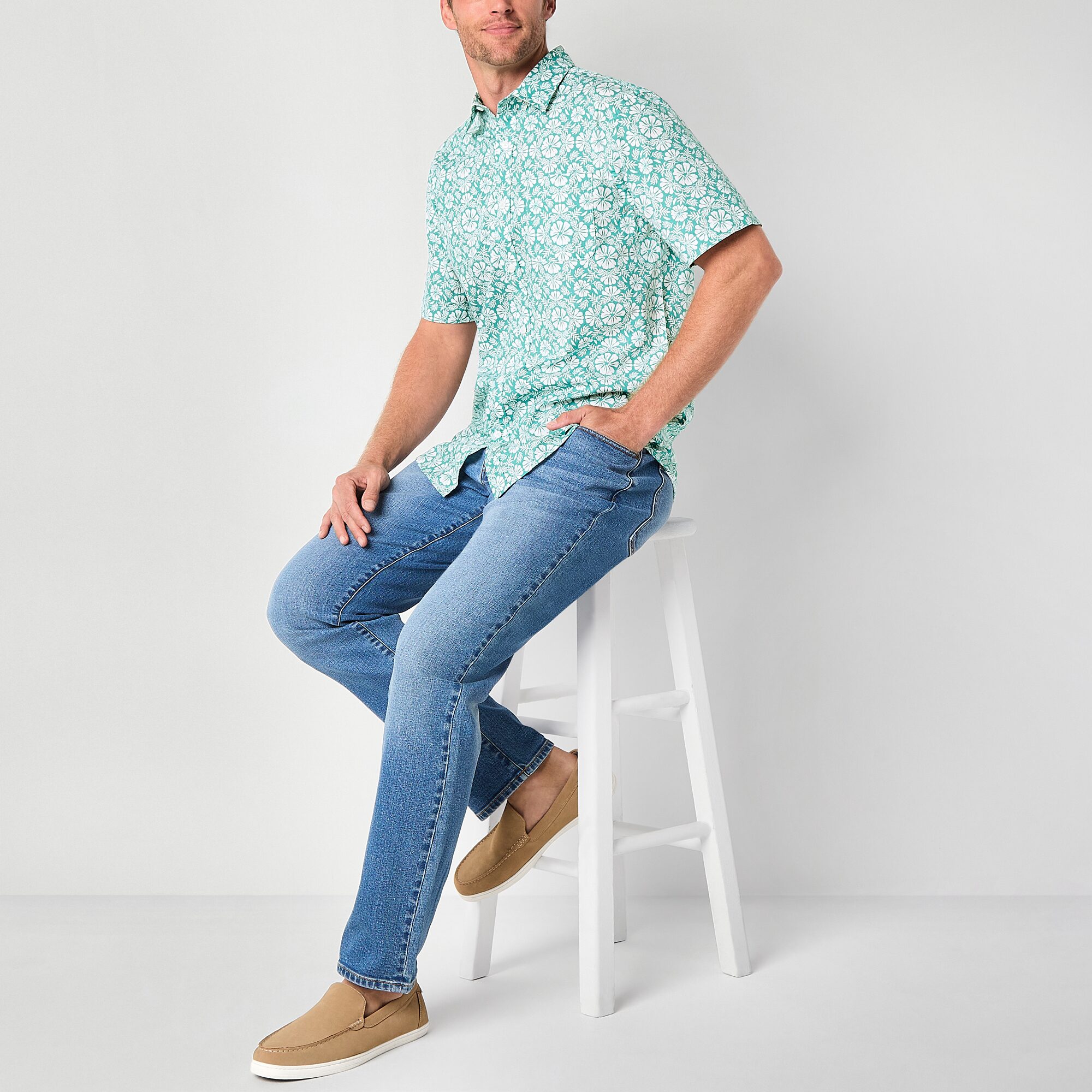 St. John's Bay Stretch Poplin Mens Short Sleeve Classic Fit Button-Down Shirt