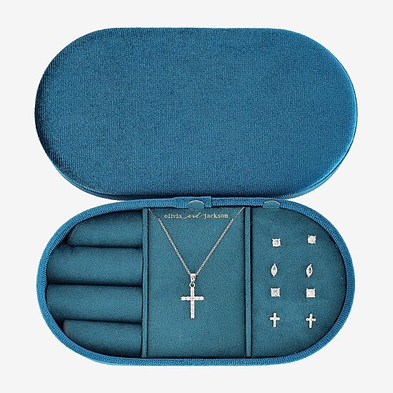 olivia and jackson Womens Cubic Zirconia Pure Silver Over Brass Cross Round Marquise 5-pc. Jewelry Set with Travel Case