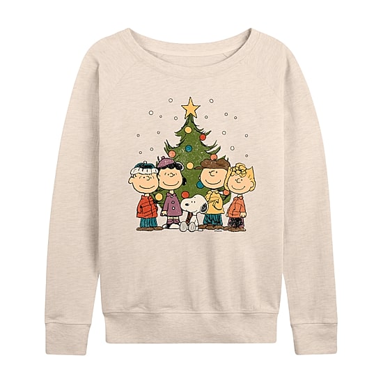 Peanuts Christmas Group Womens Boat Neck Long Sleeve Regular Fit Peanuts Graphic T-Shirt