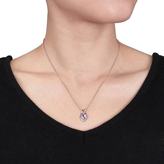 Womens Diamond Accent Genuine Purple Amethyst 18K Gold Over Silver Heart 18 Inch Pendant Necklace