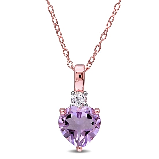 Womens Genuine Purple Amethyst 18K Rose Gold Over Silver Heart 18 Inch Pendant Necklace