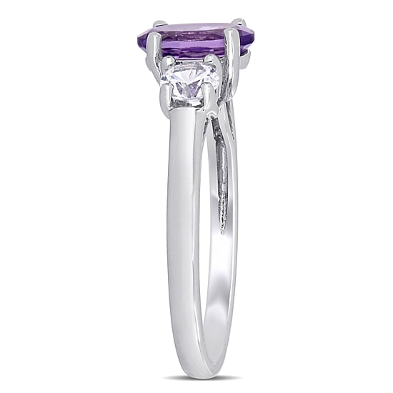 Womens Genuine Purple Amethyst Sterling Silver 3-Stone Cocktail Ring
