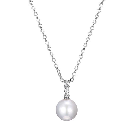 Womens Diamond Accent White Cultured Freshwater Pearl Sterling Silver 18 Inch Pendant Necklace