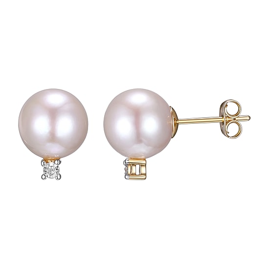 Diamond Accent White Cultured Freshwater Pearl 18K Gold Over Silver 12.7mm Ball Stud Earrings