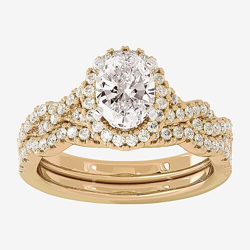 Signature By Modern Bride (H-I / Si1-Si2) Womens 1 1/2 CT. T.W. Lab Grown White Diamond 10K White Gold Oval Side Stone Halo Bridal Set, 9, Yellow