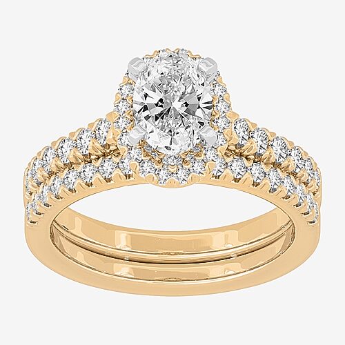 (H-I / Si1-Si2) Womens 1 5/8 CT. T.W. Lab Grown White Diamond 10K White Gold Oval Side Stone Halo Bridal Set, 9, Yellow