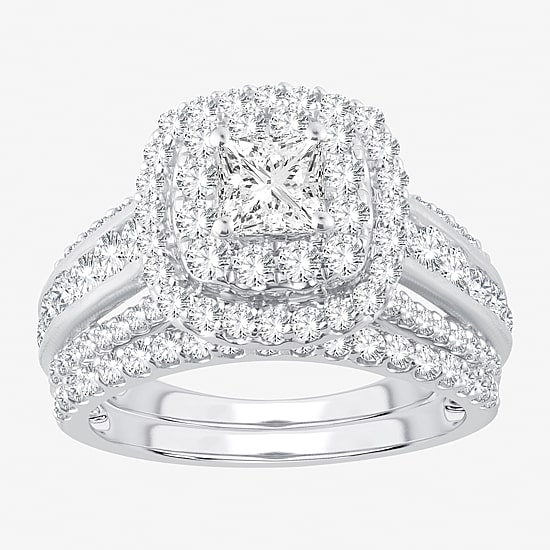(H-I / SI1-SI2) Signature By Modern Bride Womens 2 CT. T.W. Lab Grown White Diamond 10K or 14K Gold Cushion Bridal Set