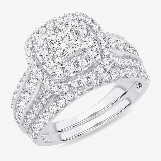 (H-I / SI1-SI2) Signature By Modern Bride Womens 2 CT. T.W. Lab Grown White Diamond 10K or 14K Gold Cushion Bridal Set