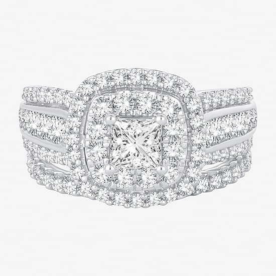 (H-I / SI1-SI2) Signature By Modern Bride Womens 2 CT. T.W. Lab Grown White Diamond 10K or 14K Gold Cushion Bridal Set