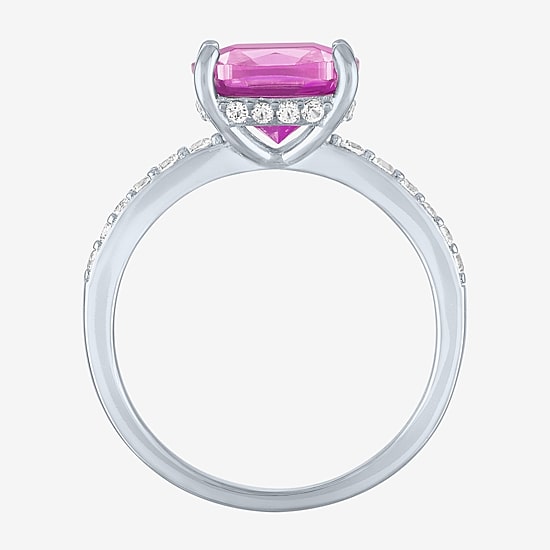 Womens Lab Created Gemstone Sterling Silver Side Stone Solitaire Cushion Cocktail Ring