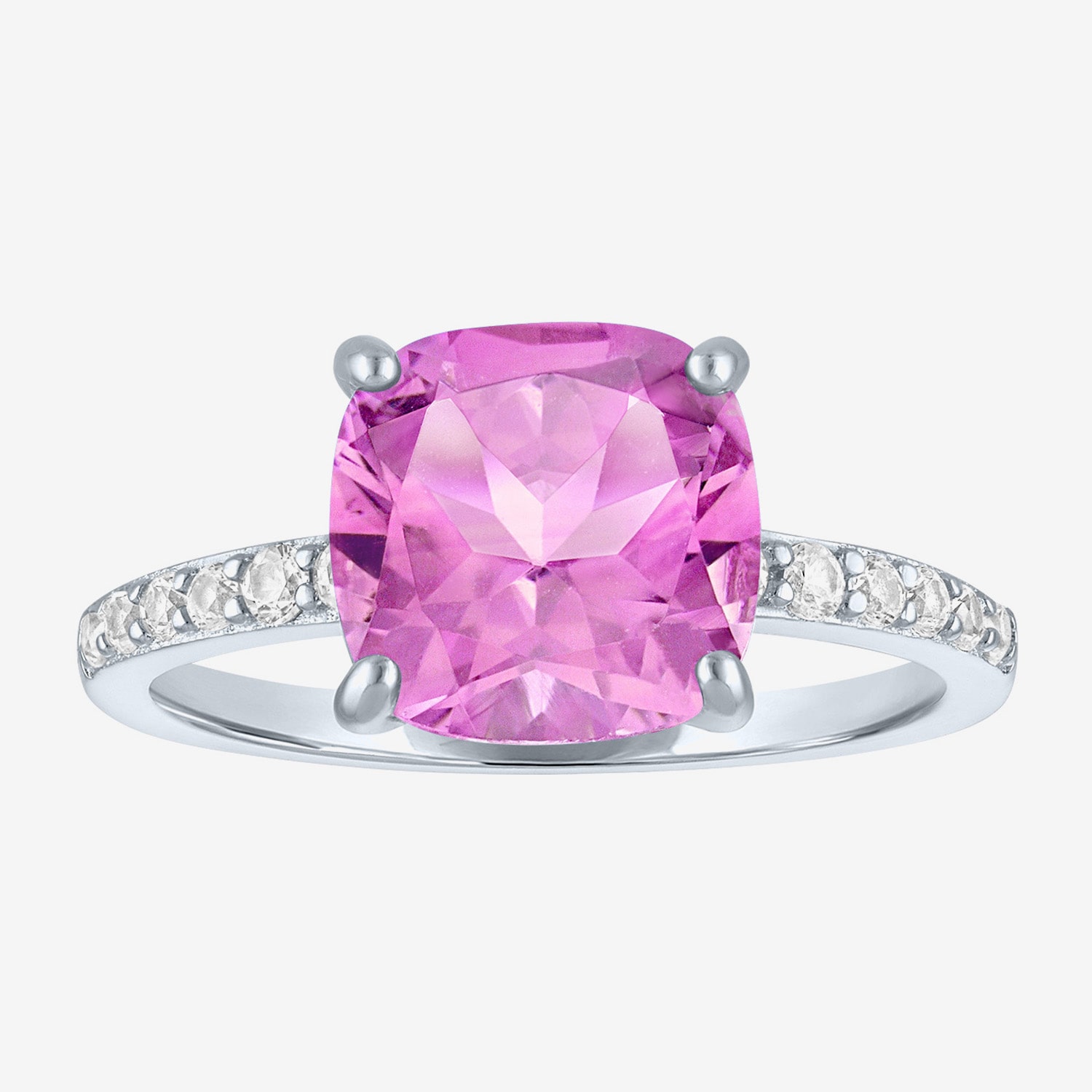 Womens Lab Created Gemstone Sterling Silver Side Stone Solitaire Cushion Cocktail Ring