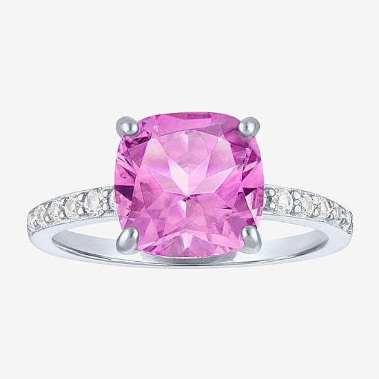 Womens Lab Created Gemstone Sterling Silver Side Stone Solitaire Cushion Cocktail Ring