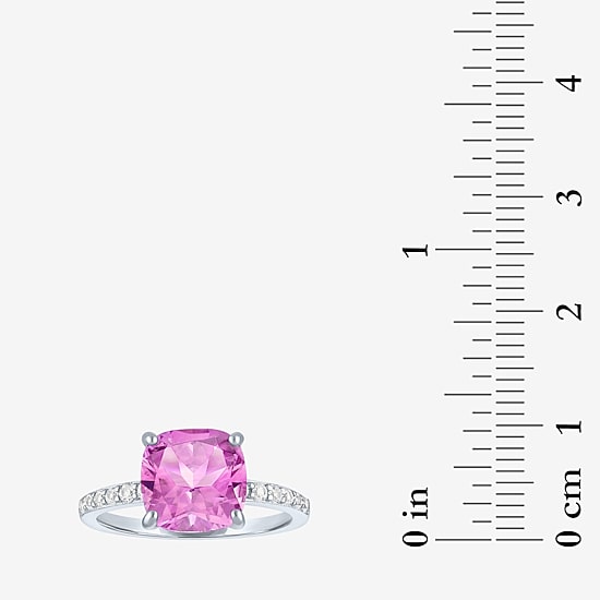 Womens Lab Created Gemstone Sterling Silver Side Stone Solitaire Cushion Cocktail Ring