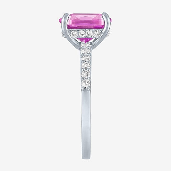 Womens Lab Created Gemstone Sterling Silver Side Stone Solitaire Cushion Cocktail Ring