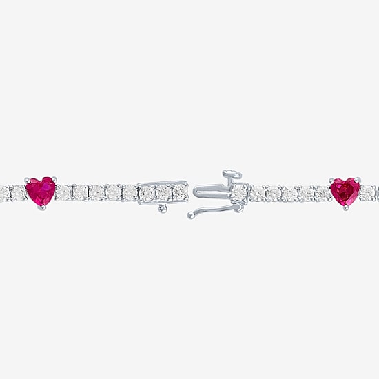 Gemstone Pure Silver Over Brass Heart 7.5 Inch Tennis Bracelet